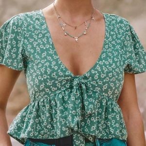 Green Floral Zalful Wrap Peasant Blouse